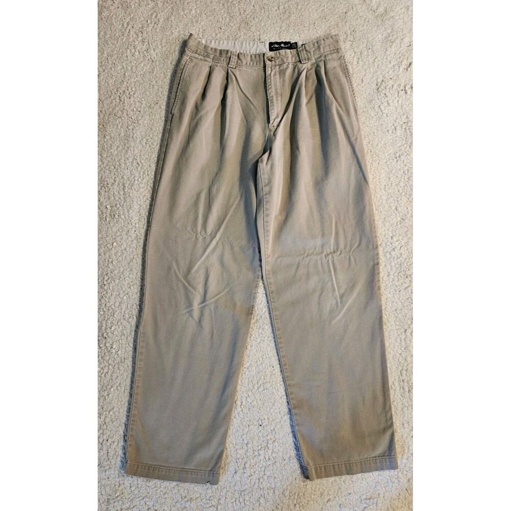 Eddie Bauer Mens 32x32 100% Cotton Relaxed Pleated Chino Pants Khaki Tan Twill